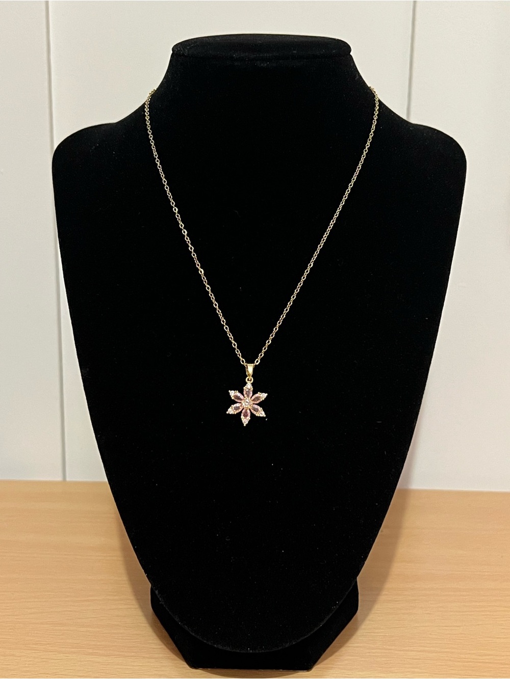 Gold-Tone Necklace with Pink Flower Pendant